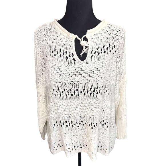 Wooden Ships Paola Buendia Womens Open Knit Sweater L White Cotton Boho Beach - Picture 2 of 7